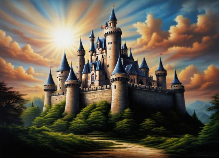 Airbrush Art,Airbrush Art, Castle, castle, no humans, scenery, cloud, sky, castle, tree, outdoors, mountain