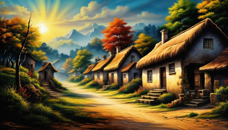 Airbrush Art,Airbrush Art, Village, village, no humans, tree, scenery, house, outdoors, sky, grass, cloud