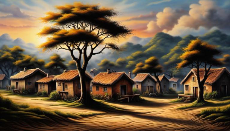 Airbrush Art,Airbrush Art, Village, village, no humans, tree, scenery, sky, cloud, outdoors, house, grass