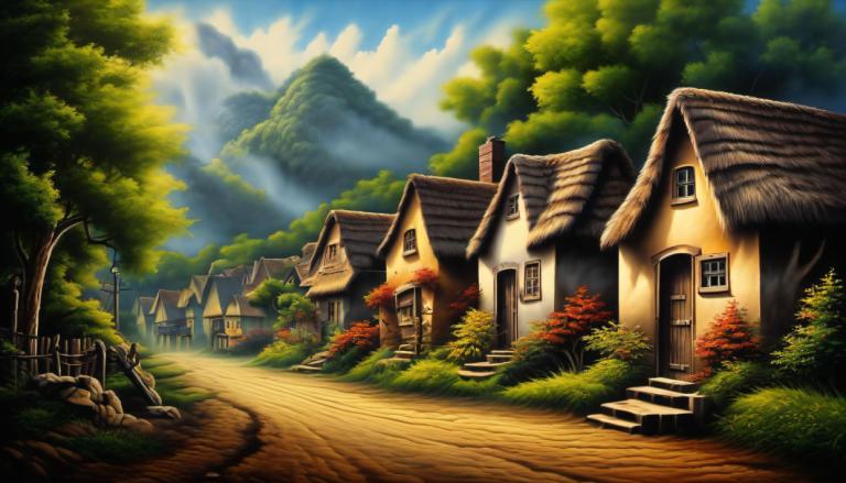 Airbrush Art,Airbrush Art, Village, village, no humans, tree, scenery, outdoors, sky, cloud, nature, day