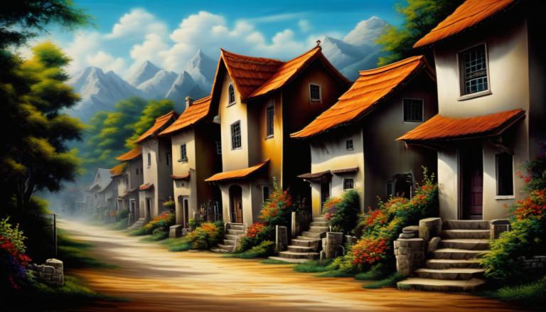 Airbrush Art,Airbrush Art, Village, village, no humans, scenery, sky, tree, stairs, cloud, outdoors, day