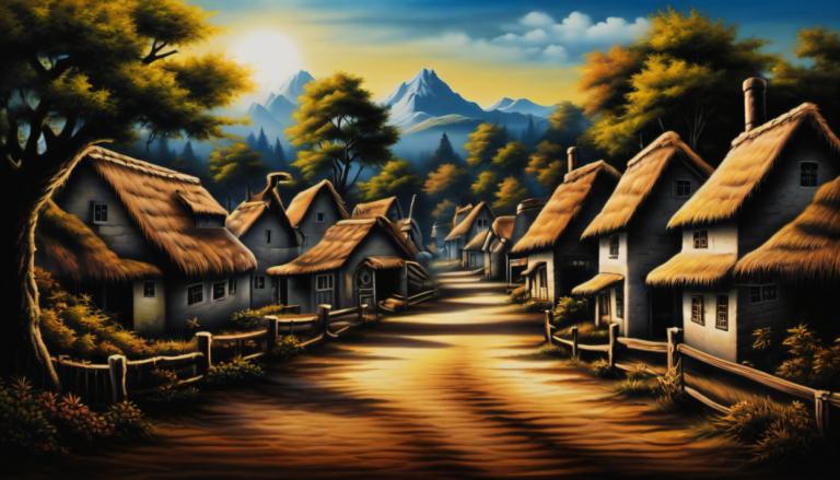 Airbrush Art,Airbrush Art, Village, village, no humans, tree, scenery, sky, outdoors, house, cloud, mountain