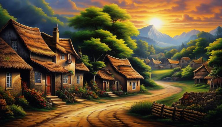 Airbrush Art,Airbrush Art, Village, village, no humans, scenery, house, tree, sky, outdoors, sunset, cloud