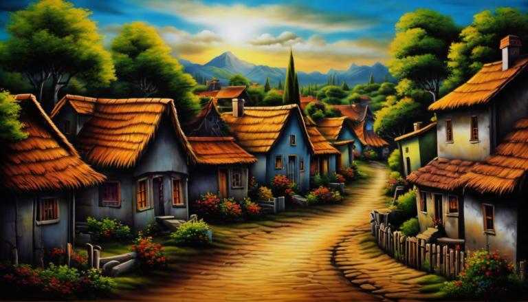 Airbrush Art,Airbrush Art, Village, village, no humans, scenery, tree, sky, house, outdoors, cloud, flower