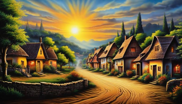 Airbrush Art,Airbrush Art, Village, village, no humans, tree, scenery, house, cloud, sky, outdoors, sun