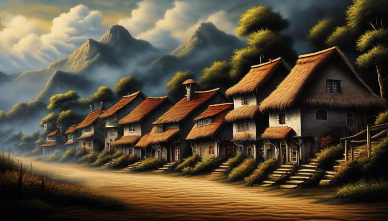 Airbrush Art,Airbrush Art, Village, village, no humans, scenery, cloud, tree, outdoors, sky, house, mountain