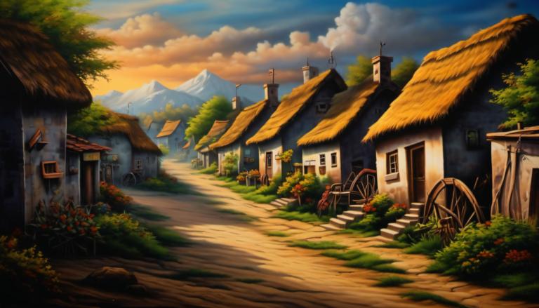 Airbrush Art,Airbrush Art, Village, village, no humans, scenery, cloud, sky, outdoors, tree, house, flower