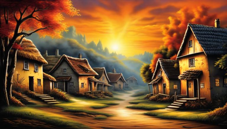 Airbrush Art,Airbrush Art, Village, village, no humans, tree, scenery, house, outdoors, sky, cloud, sunset