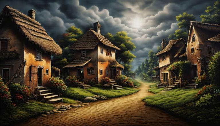 Airbrush Art,Airbrush Art, Village, village, no humans, cloud, stairs, tree, scenery, sky, outdoors, house