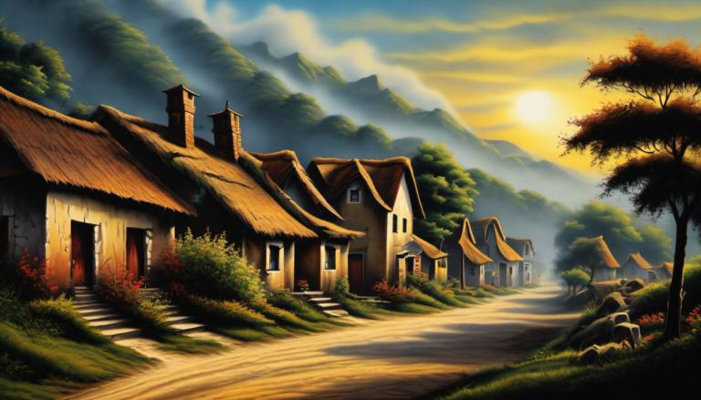 Airbrush Art,Airbrush Art, Village, village, no humans, tree, scenery, outdoors, sky, cloud, grass, house