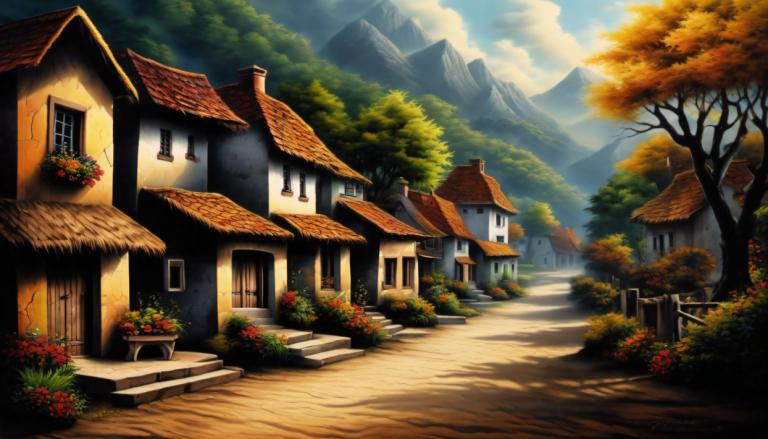 Airbrush Art,Airbrush Art, Village, village, no humans, tree, scenery, sky, outdoors, house, cloud, day