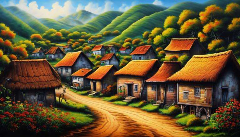 Airbrush Art,Airbrush Art, Village, village, no humans, scenery, house, outdoors, tree, sky, cloud, flower