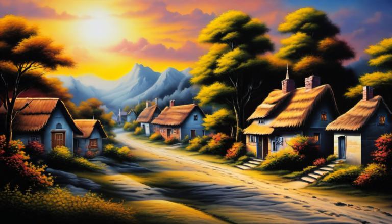 Airbrush Art,Airbrush Art, Village, village, no humans, tree, scenery, outdoors, house, sky, cloud, mountain