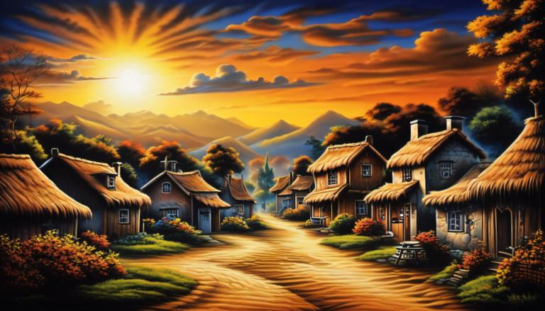 Airbrush Art,Airbrush Art, Village, village, no humans, scenery, house, tree, sunset, sky, cloud, outdoors