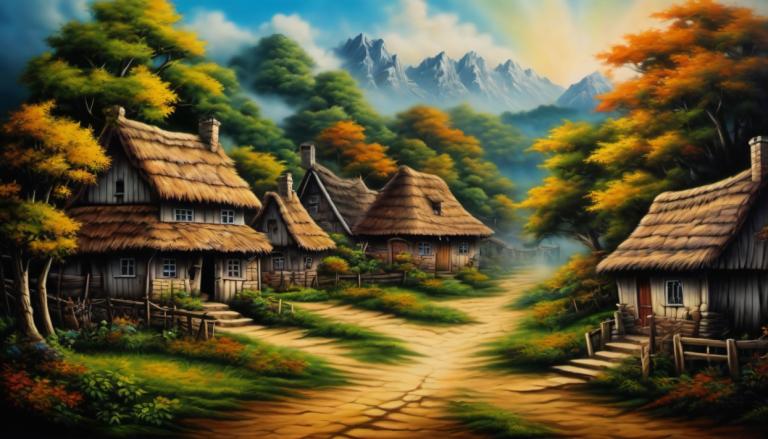 Airbrush Art,Airbrush Art, Village, village, no humans, scenery, tree, sky, outdoors, cloud, mountain, house