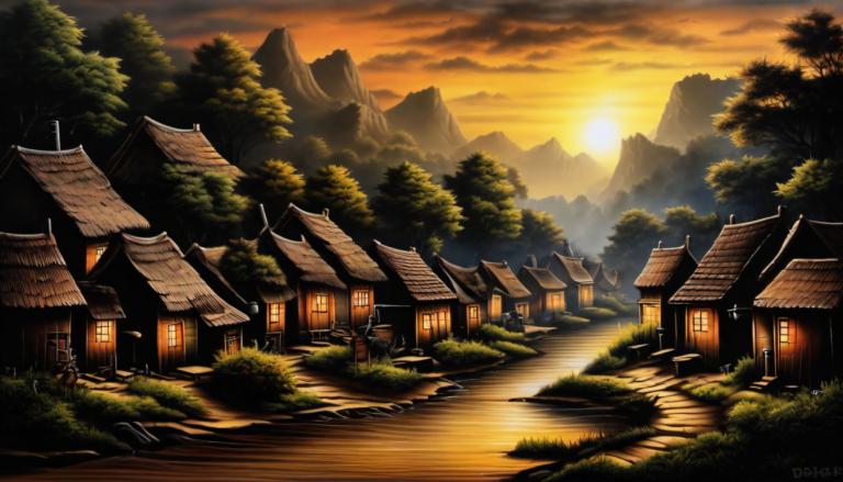 Airbrush Art,Airbrush Art, Village, village, no humans, scenery, tree, mountain, sunset, cloud, sky, outdoors