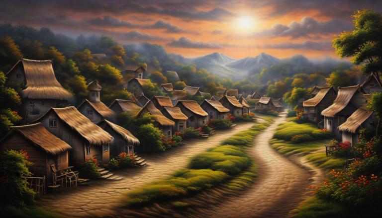 Airbrush Art,Airbrush Art, Village, village, no humans, scenery, cloud, sky, tree, outdoors, mountain, sun