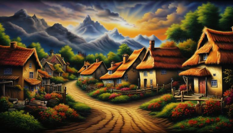 Airbrush Art,Airbrush Art, Village, village, no humans, house, scenery, tree, cloud, outdoors, sky, mountain