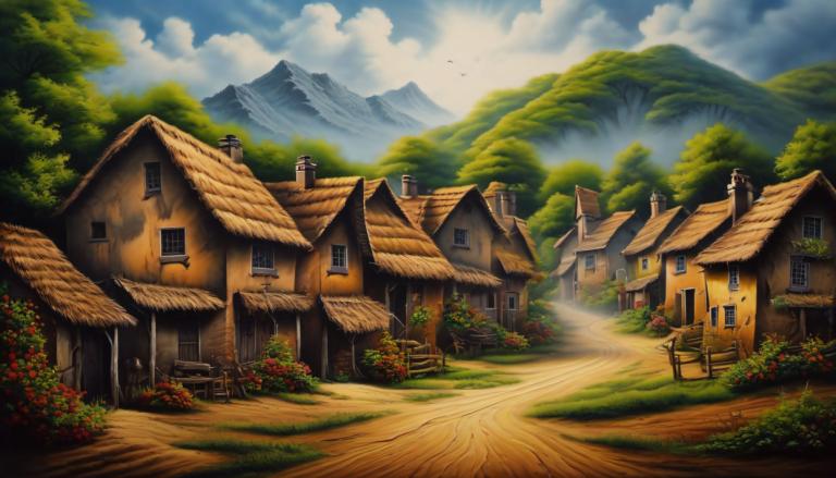 Airbrush Art,Airbrush Art, Village, village, no humans, scenery, house, sky, outdoors, cloud, mountain, tree