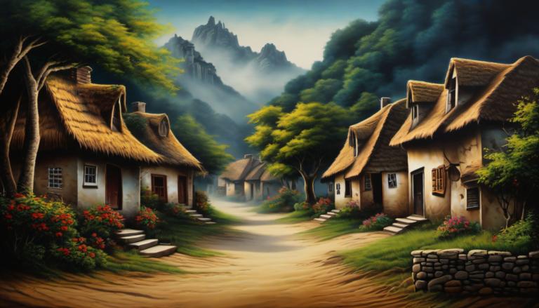 Airbrush Art,Airbrush Art, Village, village, no humans, tree, scenery, outdoors, house, flower, path, sky