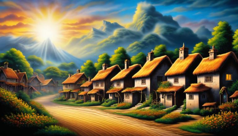 Airbrush Art,Airbrush Art, Village, village, no humans, scenery, outdoors, house, tree, sky, cloud, sun