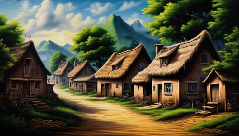 Airbrush Art,Airbrush Art, Village, village, no humans, house, cloud, sky, scenery, tree, outdoors, grass