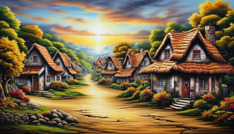 Airbrush Art,Airbrush Art, Village, village, no humans, tree, scenery, house, sky, outdoors, cloud, grass