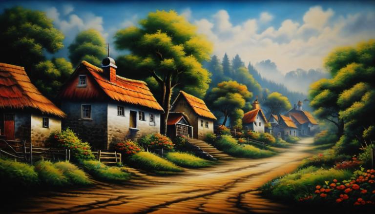 Airbrush Art,Airbrush Art, Village, village, no humans, tree, scenery, house, sky, outdoors, cloud, day