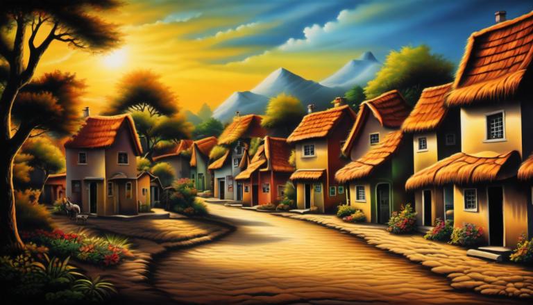 Airbrush Art,Airbrush Art, Village, village, no humans, tree, scenery, sky, house, outdoors, cloud, road