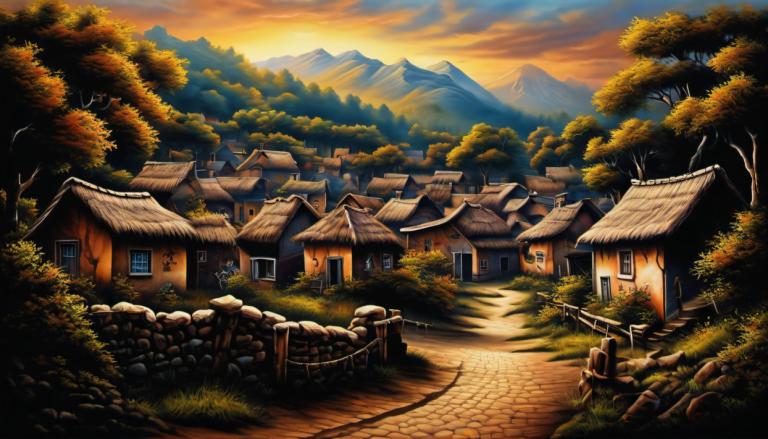 Airbrush Art,Airbrush Art, Village, village, no humans, tree, scenery, house, outdoors, mountain, sunset, sky