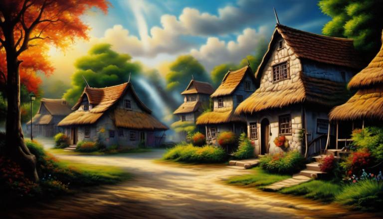 Airbrush Art,Airbrush Art, Village, village, no humans, tree, scenery, house, cloud, outdoors, sky, sunlight