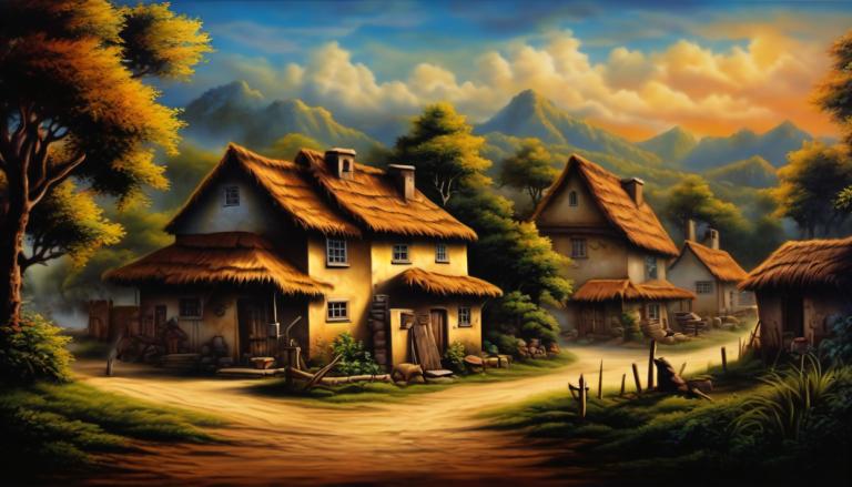 Airbrush Art,Airbrush Art, Village, village, no humans, tree, scenery, cloud, sky, house, outdoors, grass