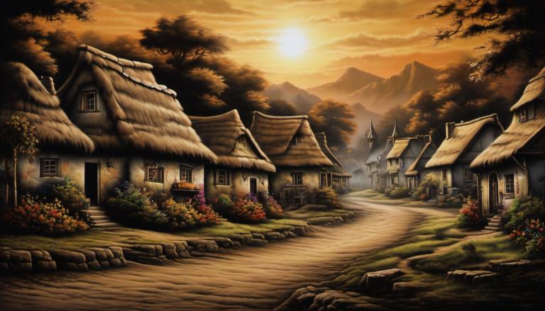 Airbrush Art,Airbrush Art, Village, village, no humans, scenery, tree, house, outdoors, mountain, cloud, sky