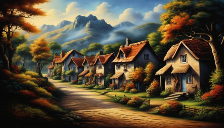 Airbrush Art,Airbrush Art, Village, village, no humans, tree, scenery, outdoors, sky, house, cloud, path, day