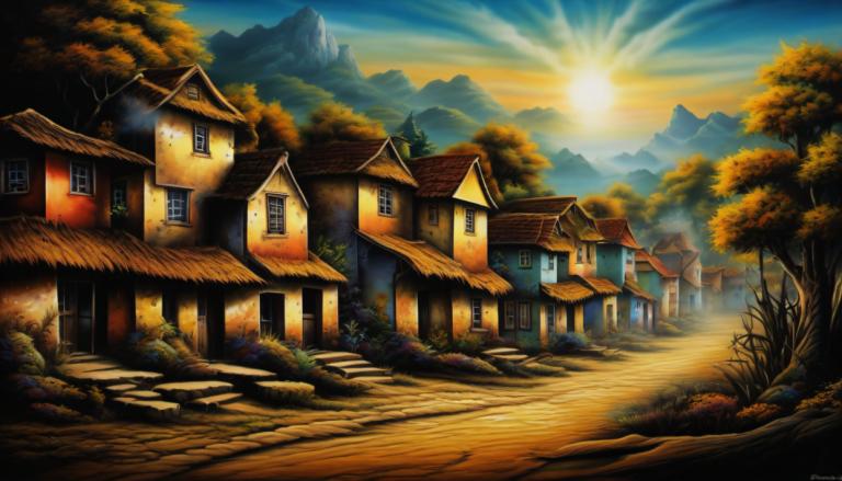 Airbrush Art,Airbrush Art, Village, village, no humans, scenery, tree, house, outdoors, sky, mountain, nature