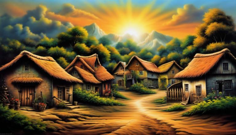 Airbrush Art,Airbrush Art, Village, village, no humans, house, scenery, tree, outdoors, sky, cloud, mountain