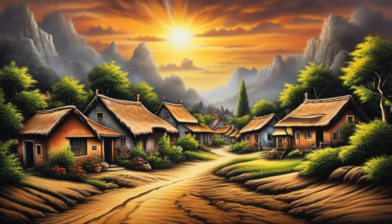 Airbrush Art,Airbrush Art, Village, village, no humans, house, tree, scenery, mountain, cloud, sky, outdoors