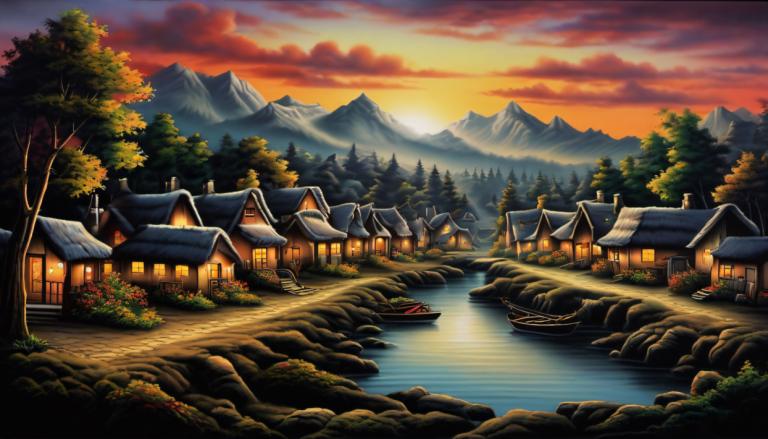 Airbrush Art,Airbrush Art, Village, village, no humans, tree, scenery, mountain, sky, cloud, outdoors, sunset