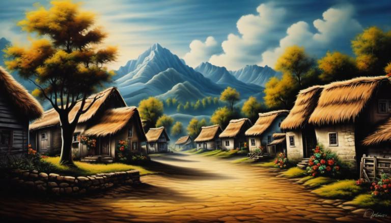 Airbrush Art,Airbrush Art, Village, village, no humans, tree, scenery, sky, outdoors, cloud, house, mountain