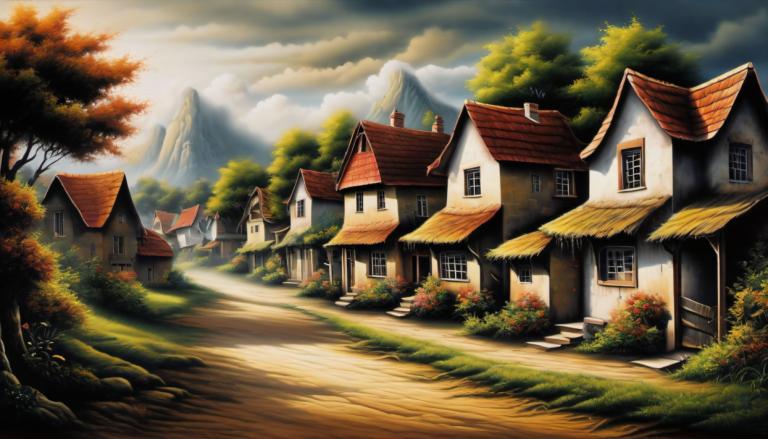 Airbrush Art,Airbrush Art, Village, village, no humans, tree, scenery, cloud, house, sky, outdoors, mountain