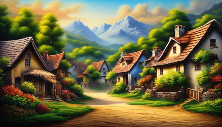 Airbrush Art,Airbrush Art, Village, village, no humans, scenery, house, tree, outdoors, sky, cloud, mountain