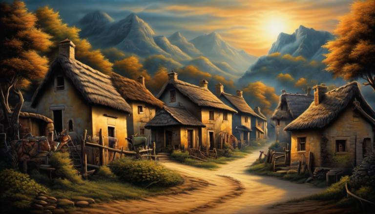 Airbrush Art,Airbrush Art, Village, village, tree, scenery, house, no humans, outdoors, mountain, sky, sunset