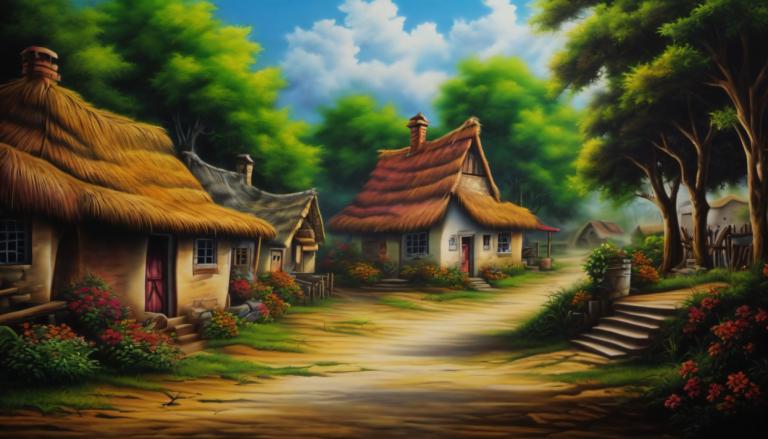 Airbrush Art,Airbrush Art, Village, village, tree, no humans, scenery, sky, cloud, outdoors, house, day