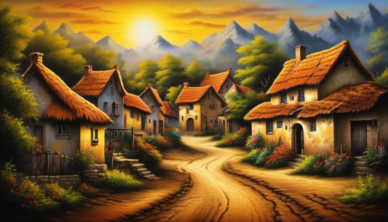 Airbrush Art,Airbrush Art, Village, village, no humans, scenery, tree, house, outdoors, sky, path, sunset