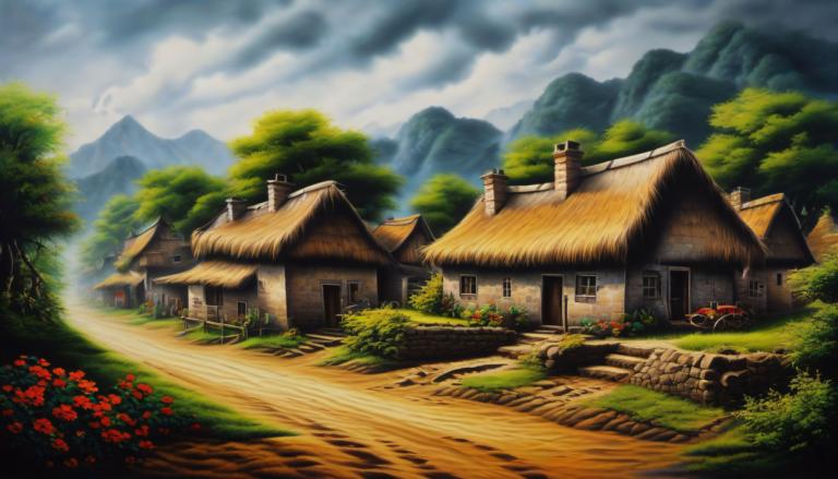 Airbrush Art,Airbrush Art, Village, village, no humans, scenery, cloud, outdoors, tree, house, sky, flower