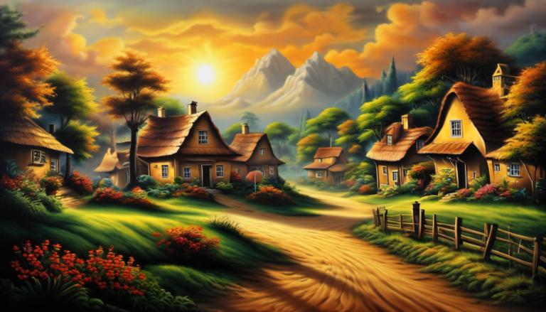 Airbrush Art,Airbrush Art, Village, village, no humans, tree, scenery, house, outdoors, cloud, sky, grass