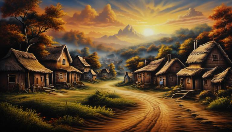 Airbrush Art,Airbrush Art, Village, village, no humans, tree, scenery, house, cloud, sky, outdoors, grass