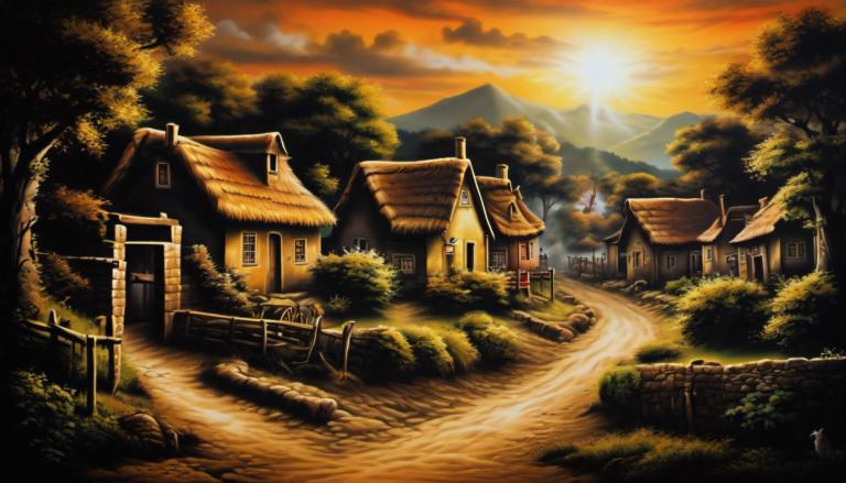 Airbrush Art,Airbrush Art, Village, village, scenery, no humans, tree, house, nature, outdoors, sunset