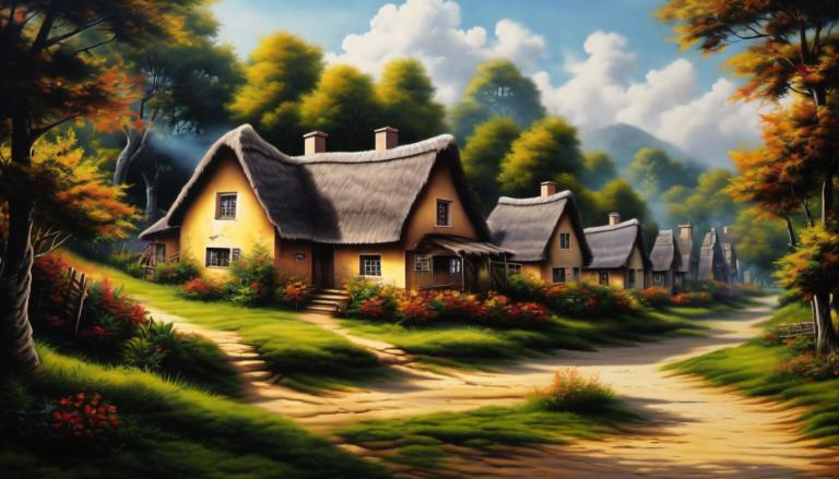 Airbrush Art,Airbrush Art, Village, village, no humans, tree, outdoors, scenery, sky, cloud, house, day