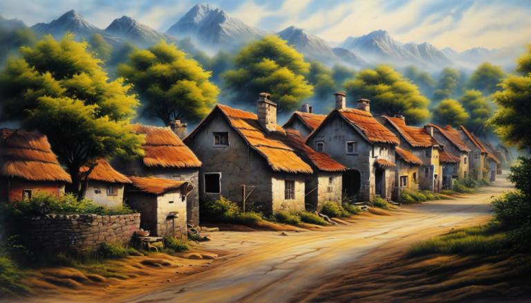 Airbrush Art,Airbrush Art, Village, village, no humans, scenery, outdoors, tree, sky, cloud, house, mountain